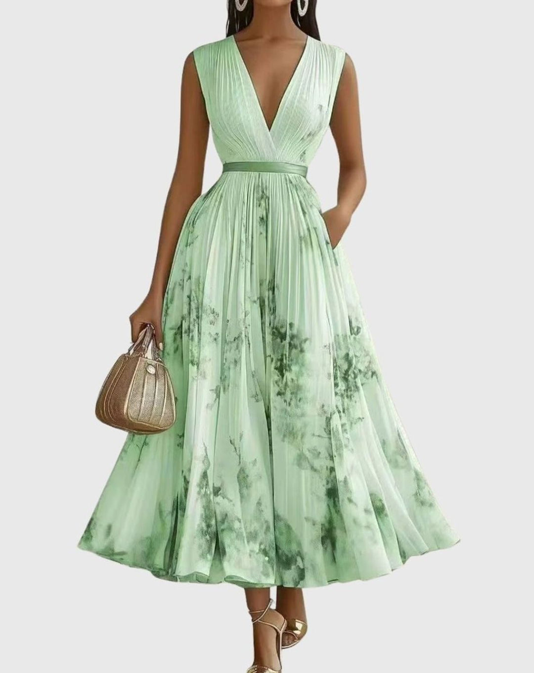 Women's Pleated V-Neck Midi Dress Floral Tie-Dye Pockets