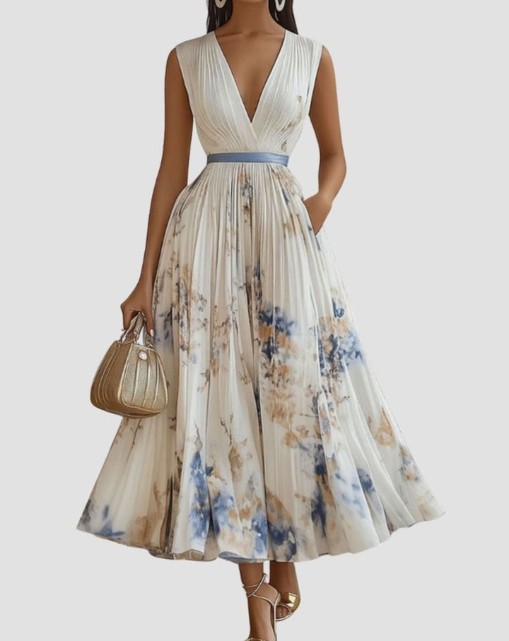 Women's Pleated V-Neck Midi Dress Floral Tie-Dye Pockets