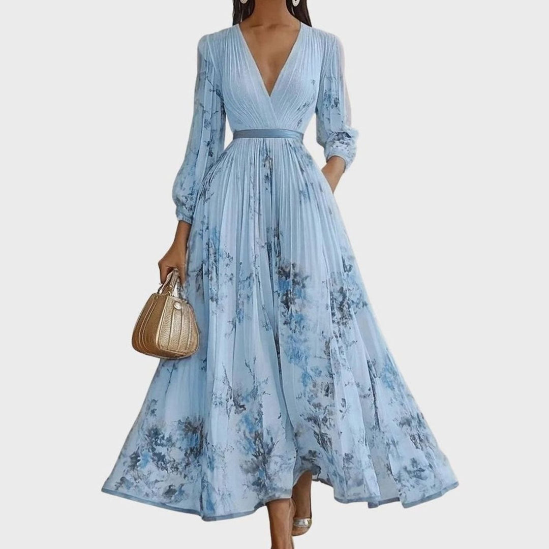 Women's Pleated V-Neck Midi Dress Floral Tie-Dye Pockets