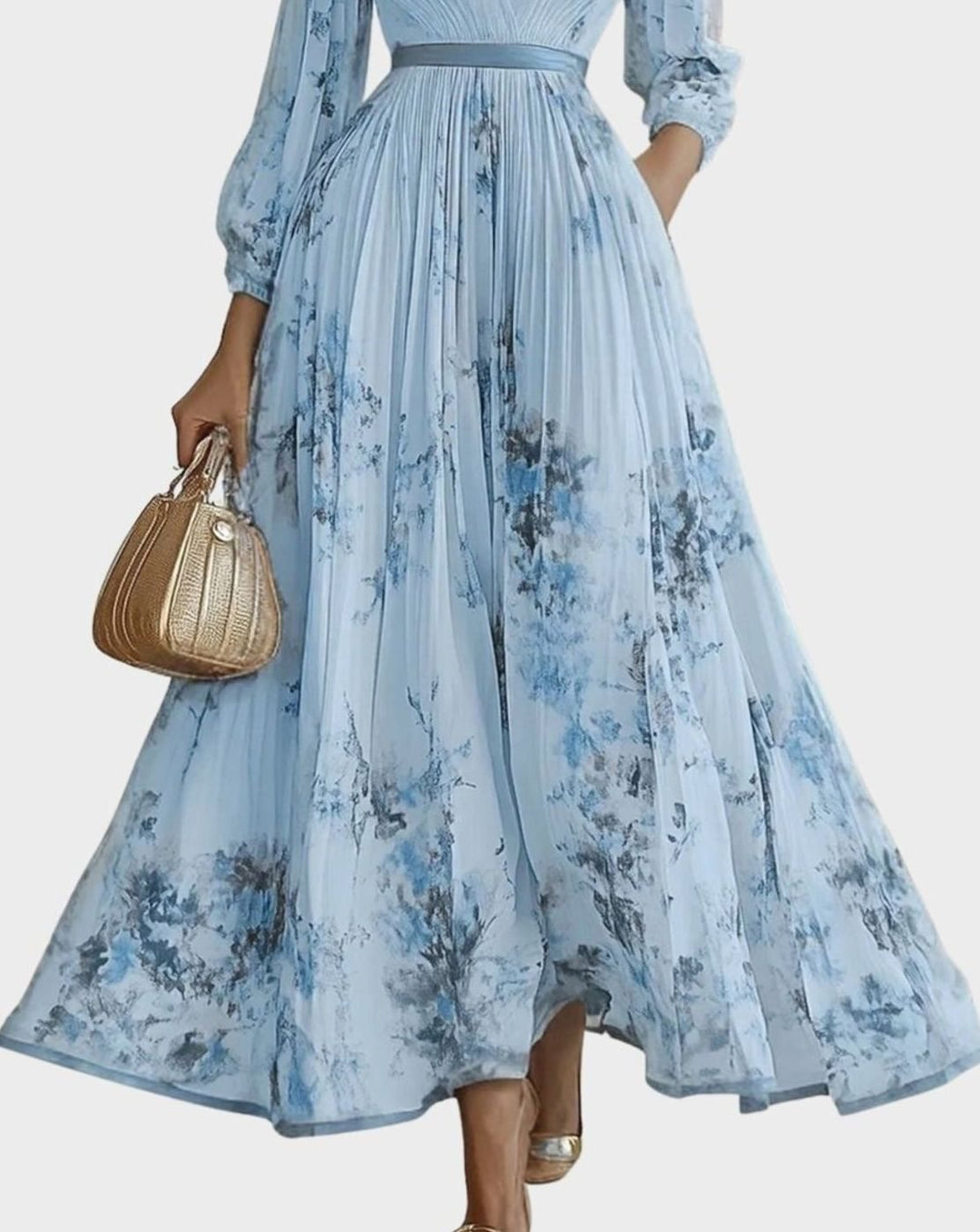 Women's Pleated V-Neck Midi Dress Floral Tie-Dye Pockets