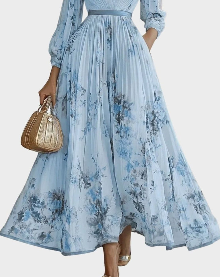 Women's Pleated V-Neck Midi Dress Floral Tie-Dye Pockets