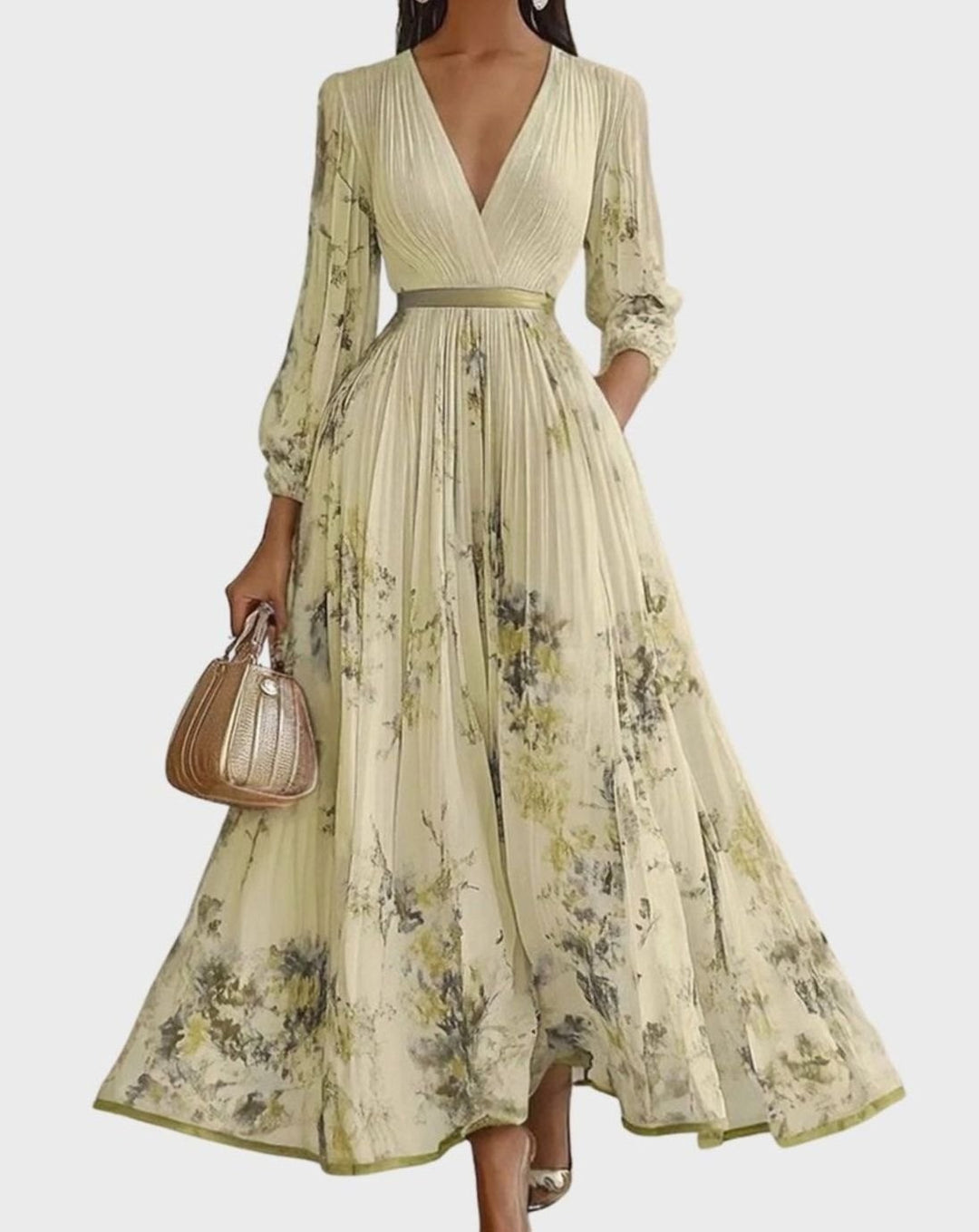 Women's Pleated V-Neck Midi Dress Floral Tie-Dye Pockets