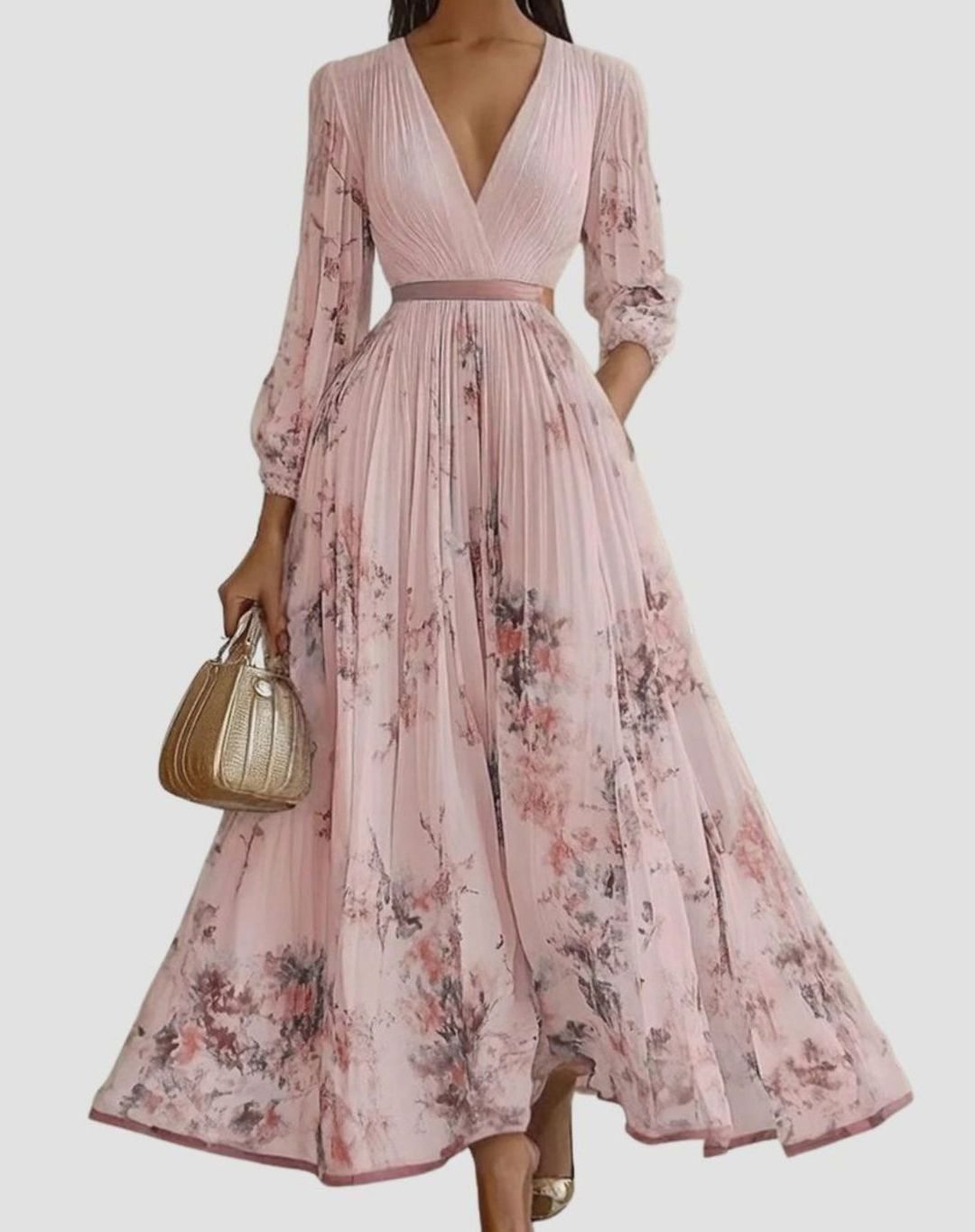 Women's Pleated V-Neck Midi Dress Floral Tie-Dye Pockets