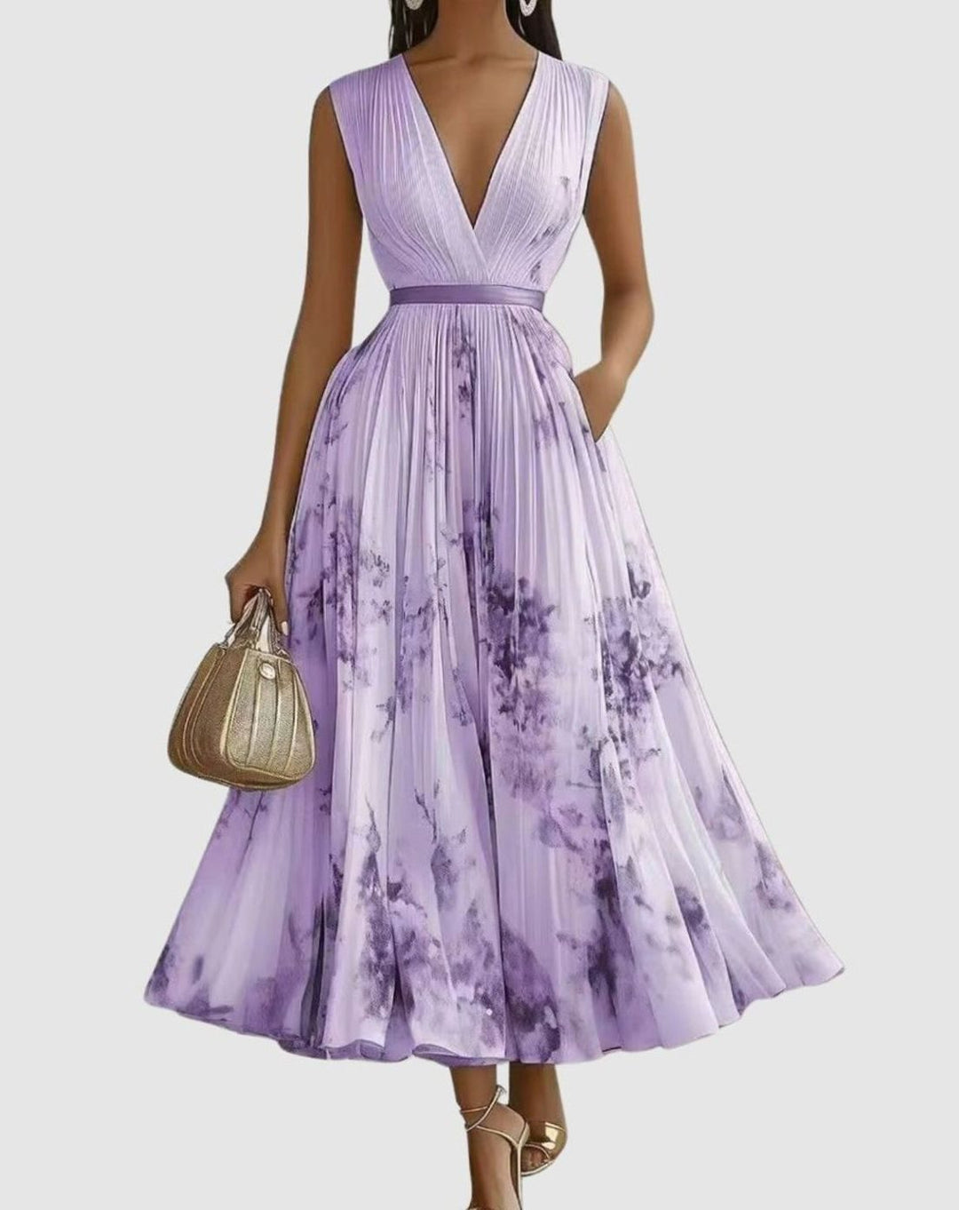 Women's Pleated V-Neck Midi Dress Floral Tie-Dye Pockets