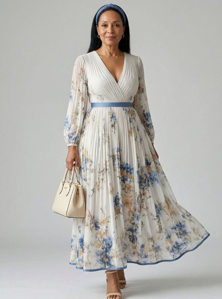 Women's Pleated Wrap Floral Midi Dress V-Neck Long Sleeve