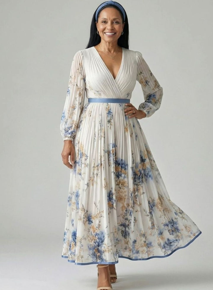 Women's Pleated Wrap Floral Midi Dress V-Neck Long Sleeve
