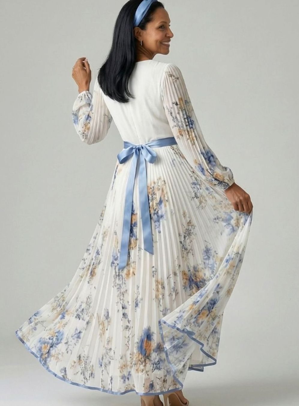 Women's Pleated Wrap Floral Midi Dress V-Neck Long Sleeve