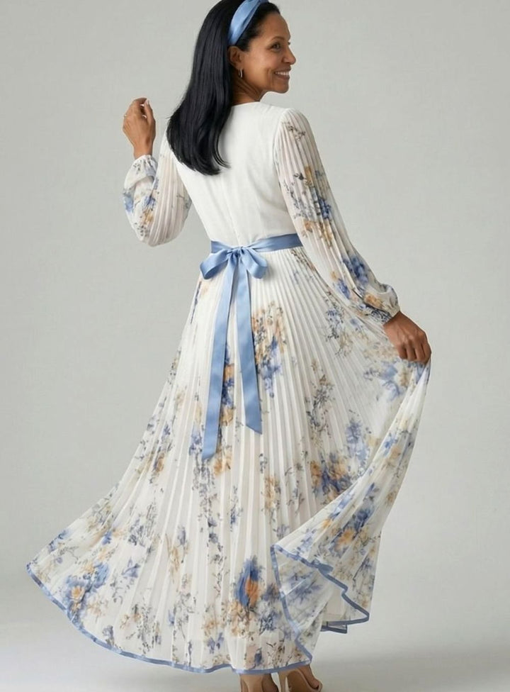 Women's Pleated Wrap Floral Midi Dress V-Neck Long Sleeve