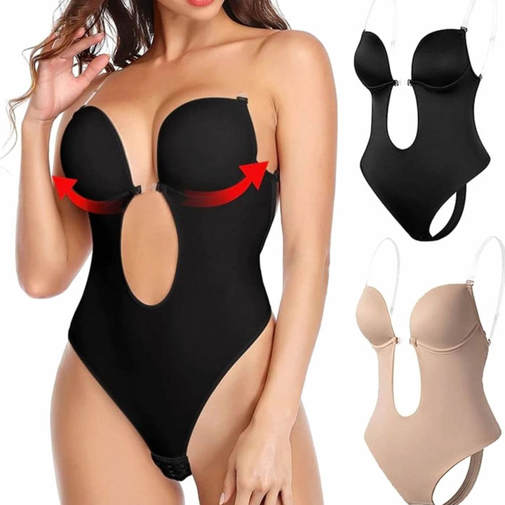 Women's Plunge Backless Shapewear Thong Bodysuit Clear Straps