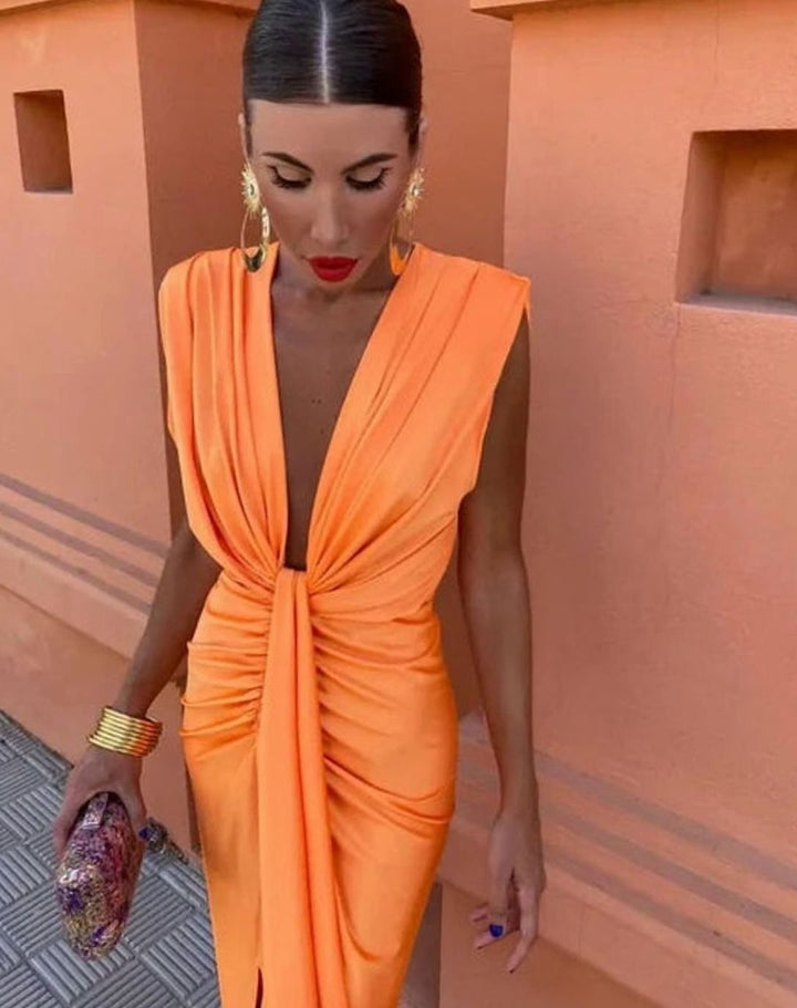 Women's Plunge Neck Draped Midi Dress Structured Shoulders Side Slit