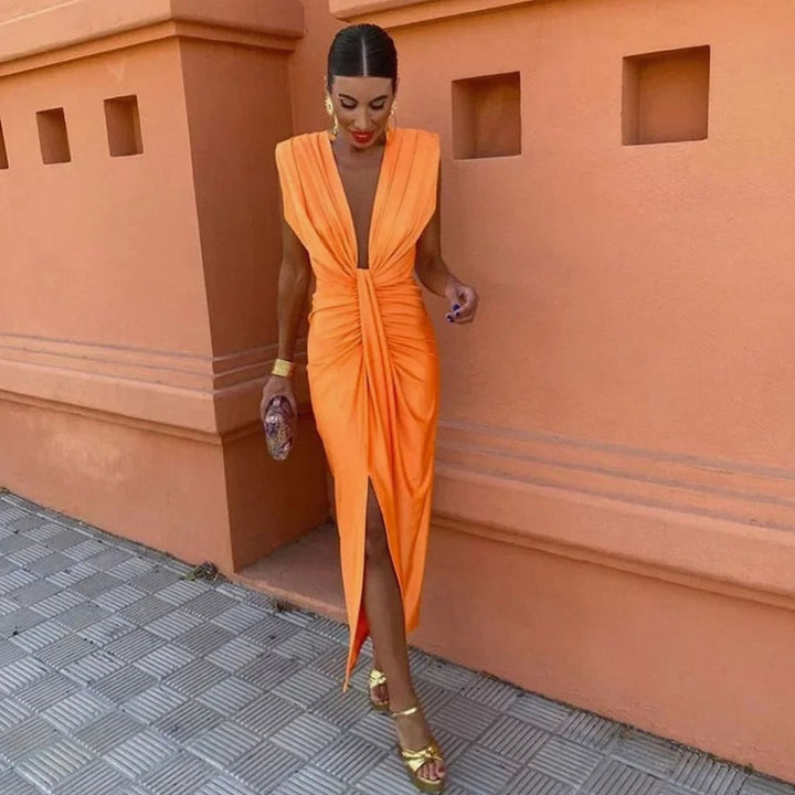 Women's Plunge Neck Draped Midi Dress Structured Shoulders Side Slit