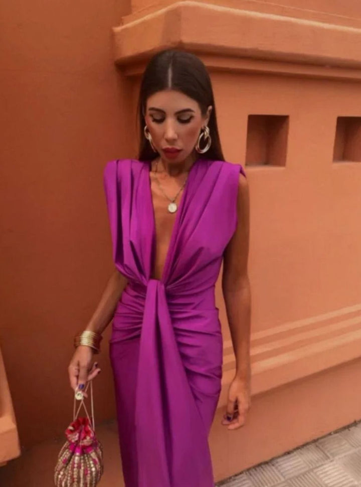 Women's Plunge Neck Draped Midi Dress Structured Shoulders Side Slit, Orange