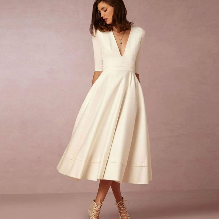 Women's Plunge Neck Flared A-Line Elbow Sleeve Midi Dress