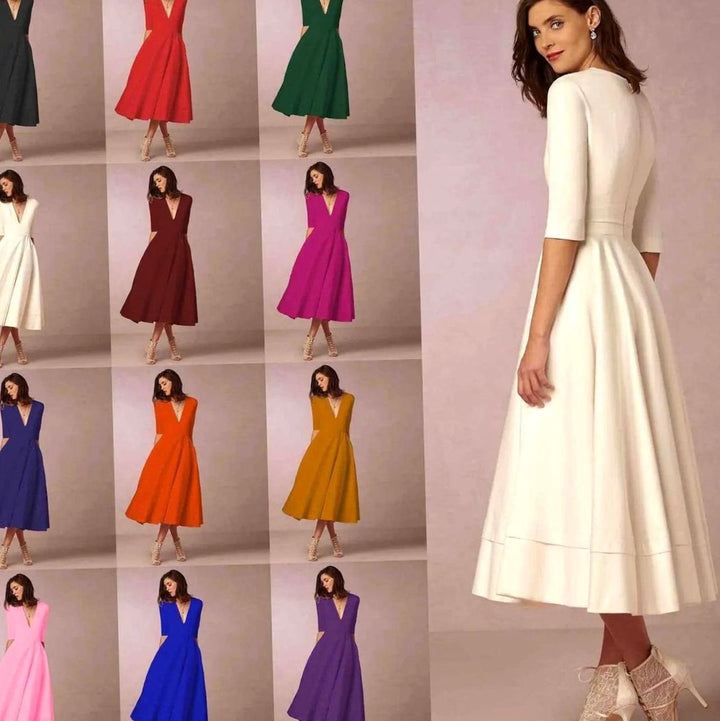 Women's Plunge Neck Flared A-Line Elbow Sleeve Midi Dress