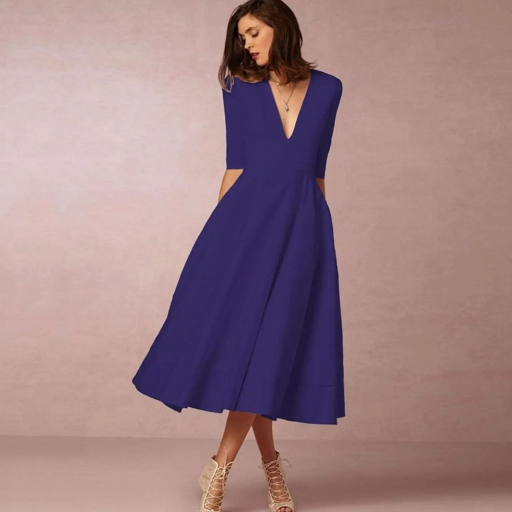 Women's Plunge Neck Flared A-Line Elbow Sleeve Midi Dress