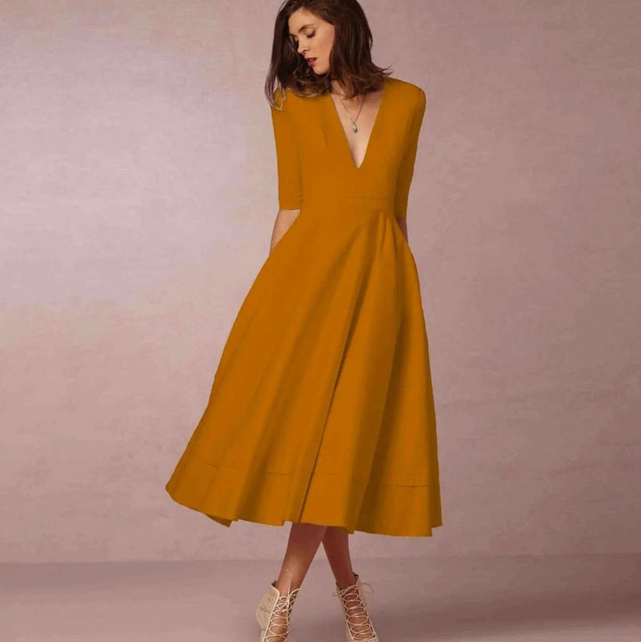 Women's Plunge Neck Flared A-Line Elbow Sleeve Midi Dress