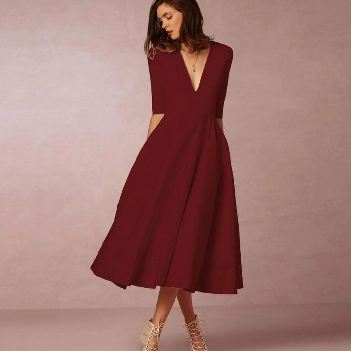 Women's Plunge Neck Flared A-Line Elbow Sleeve Midi Dress