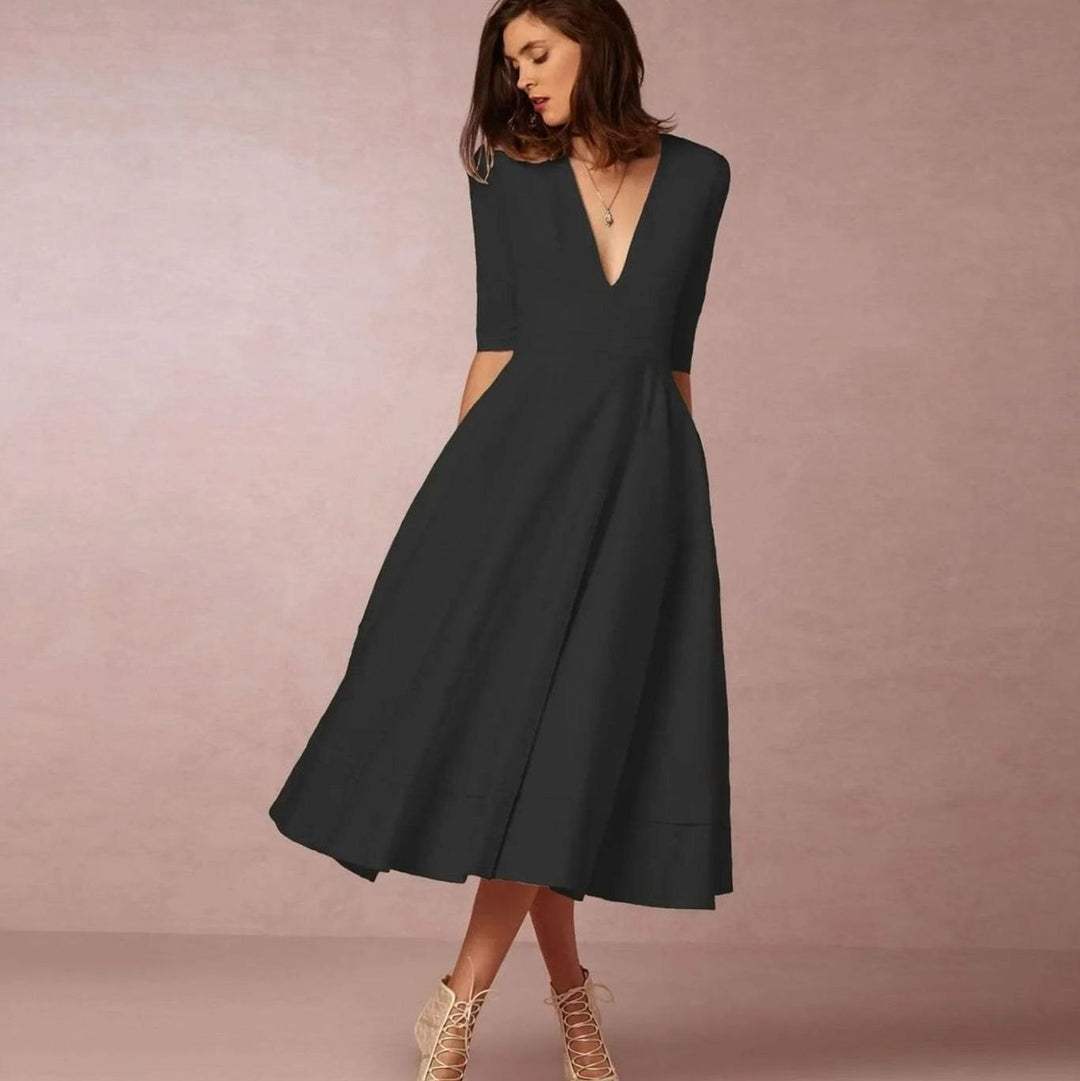 Women's Plunge Neck Flared A-Line Elbow Sleeve Midi Dress