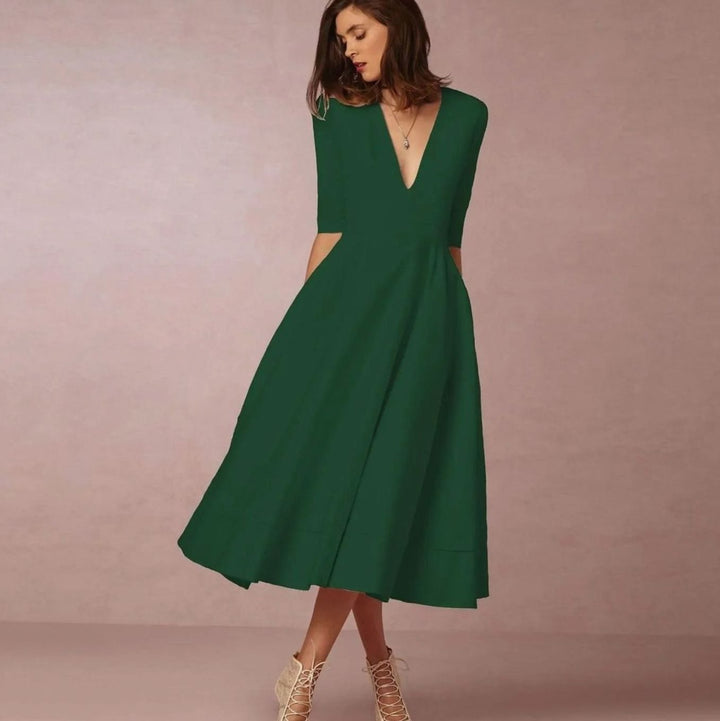 Women's Plunge Neck Flared A-Line Elbow Sleeve Midi Dress