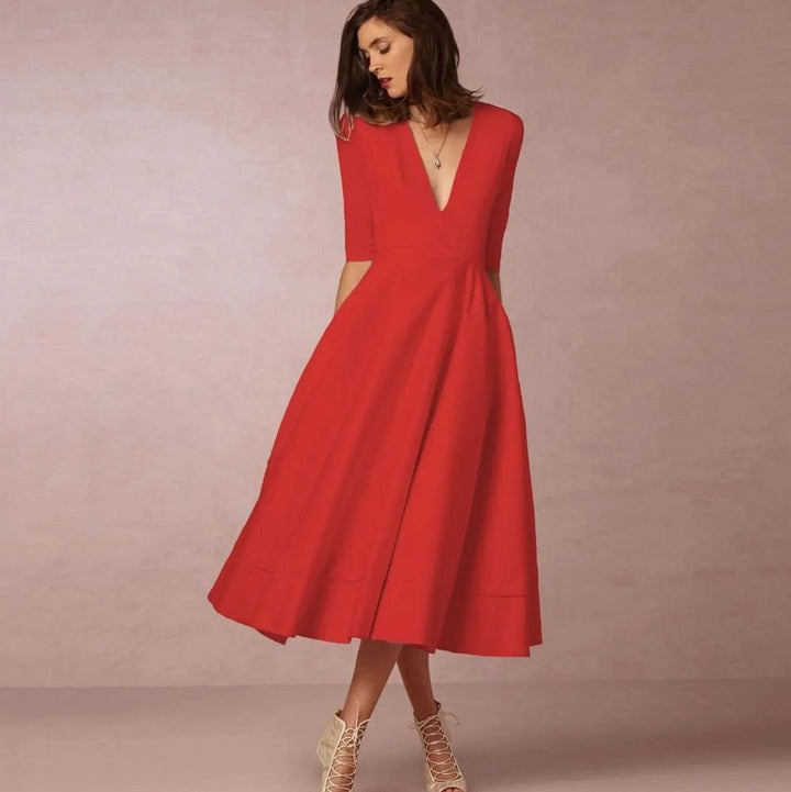 Women's Plunge Neck Flared A-Line Elbow Sleeve Midi Dress