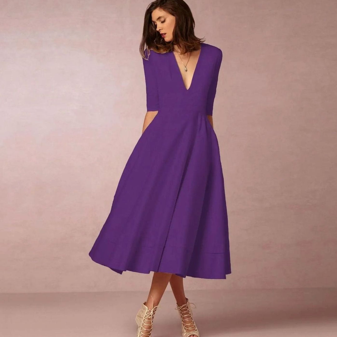 Women's Plunge Neck Flared A-Line Elbow Sleeve Midi Dress