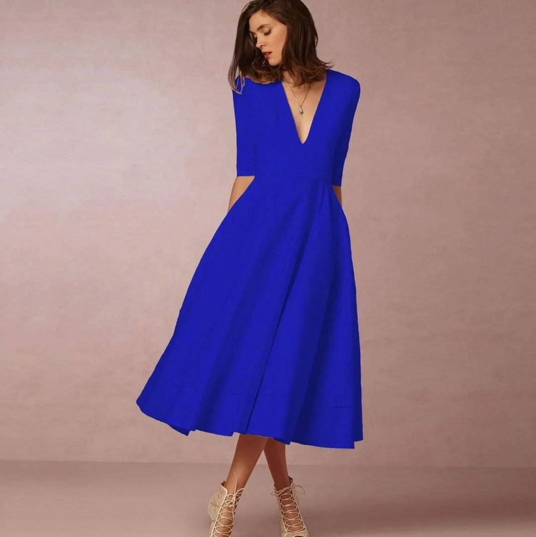 Women's Plunge Neck Flared A-Line Midi Party Dress