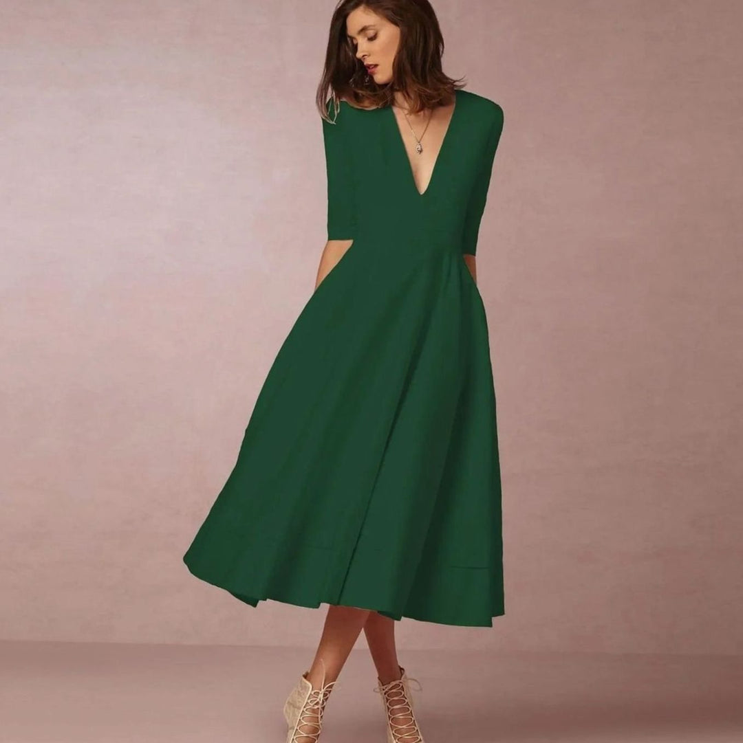 Women's Plunge Neck Flared A-Line Midi Party Dress