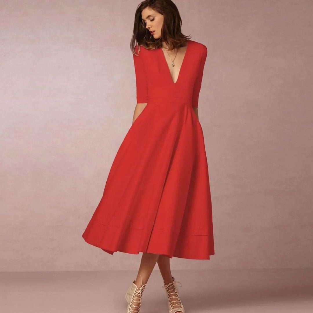 Women's Plunge Neck Flared A-Line Midi Party Dress
