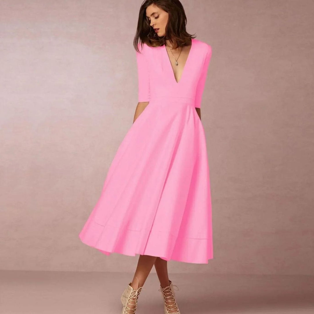 Women's Plunge Neck Flared A-Line Midi Party Dress