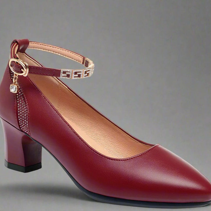 Women's Pointed-Toe Block-Heel Jewelled Ankle Strap Pumps