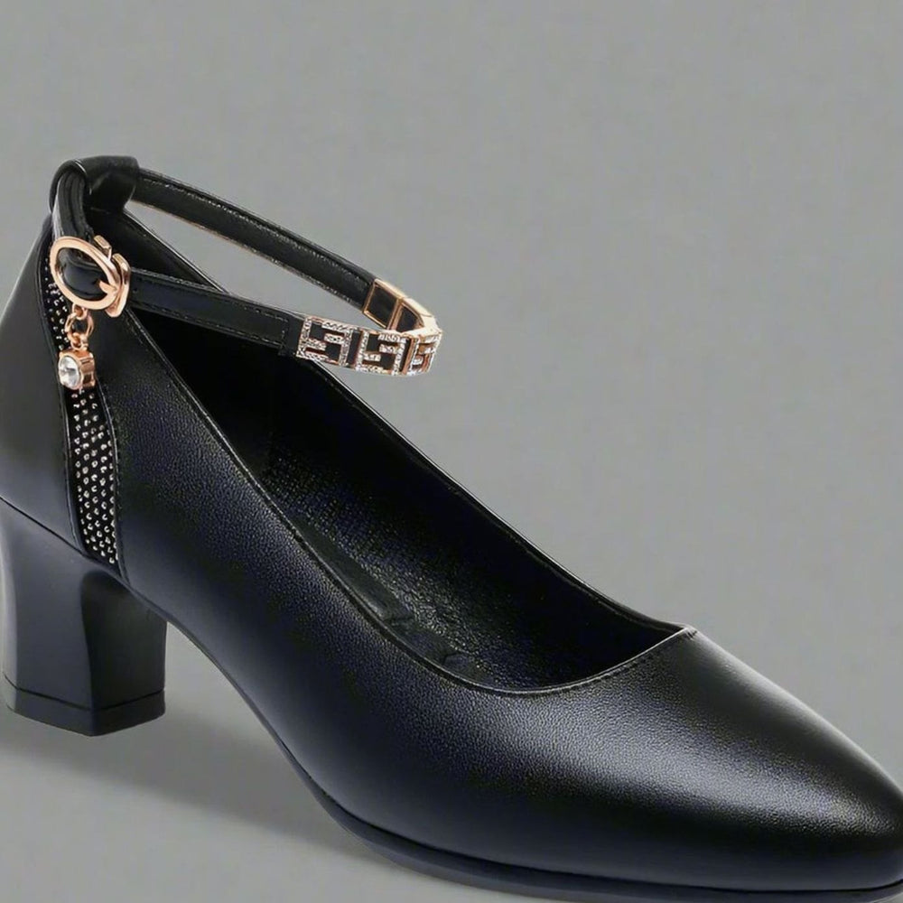 Women's Pointed-Toe Block-Heel Jewelled Ankle Strap Pumps