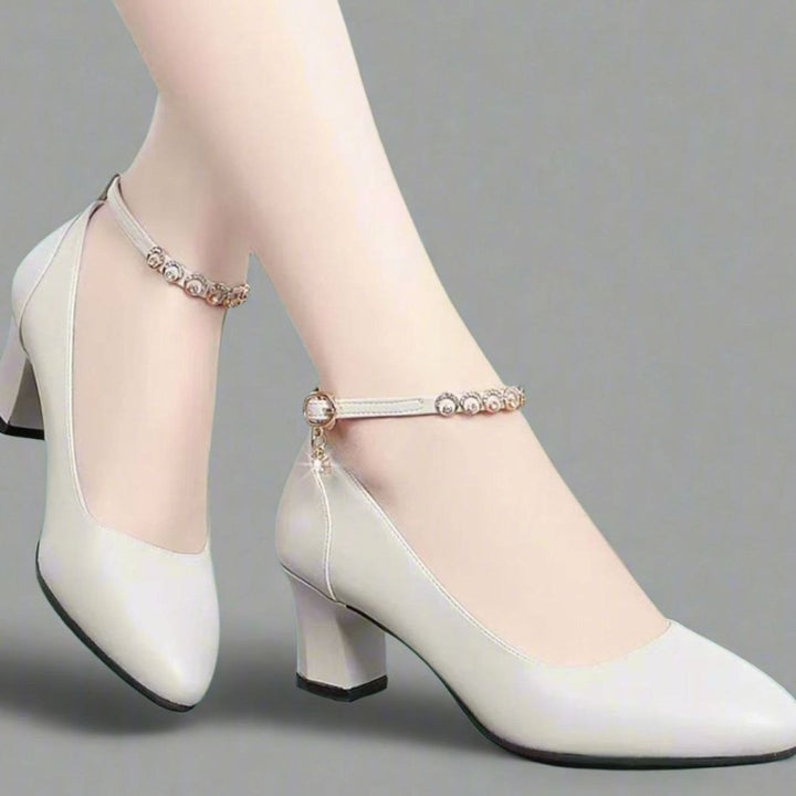 Women's Pointed-Toe Block-Heel Jewelled Ankle Strap Pumps