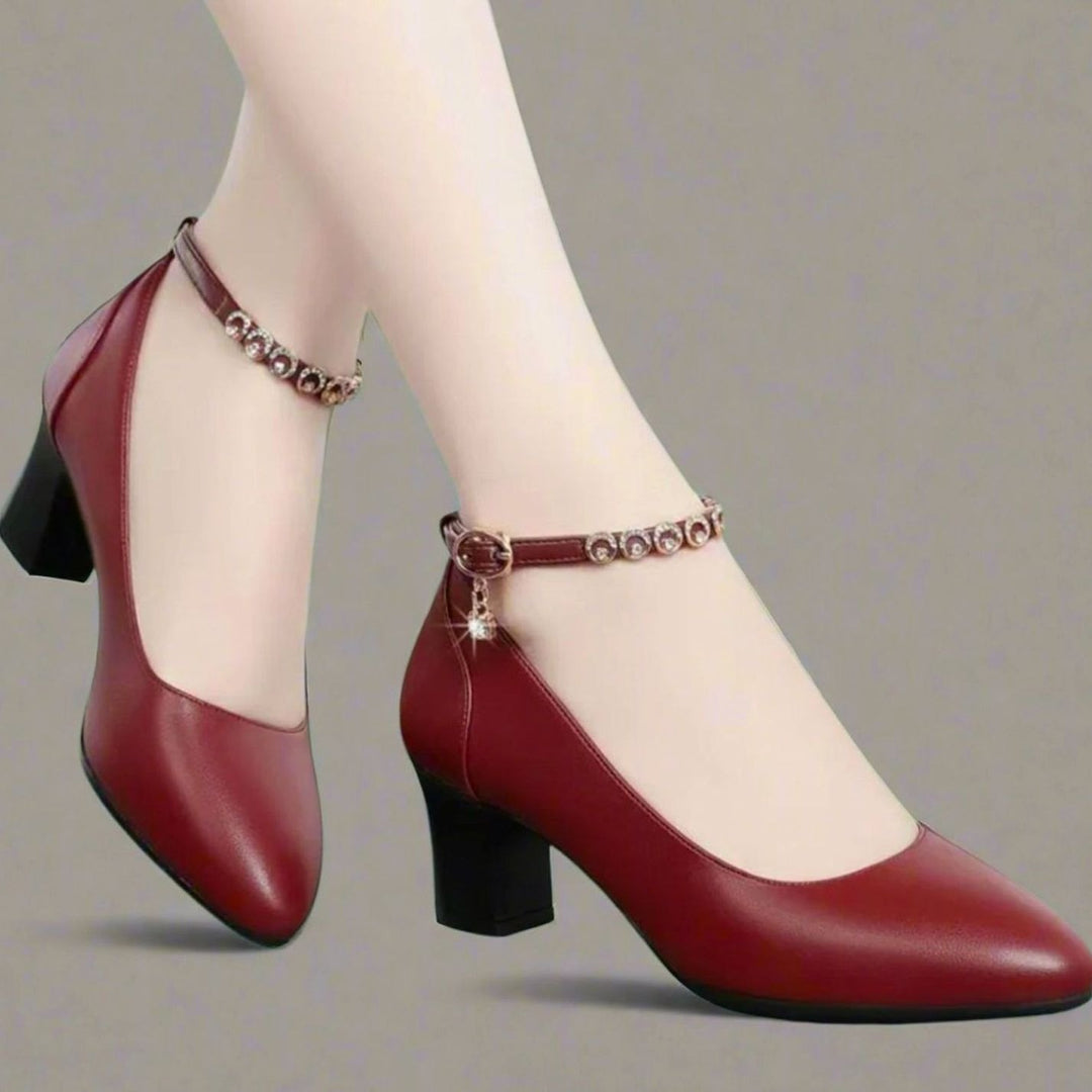 Women's Pointed-Toe Block-Heel Jewelled Ankle Strap Pumps