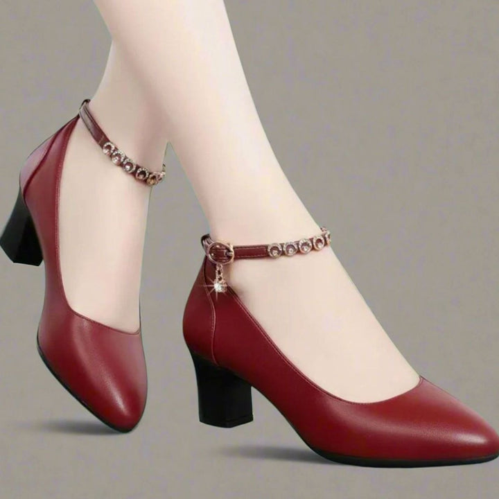 Women's Pointed-Toe Block-Heel Jewelled Ankle Strap Pumps