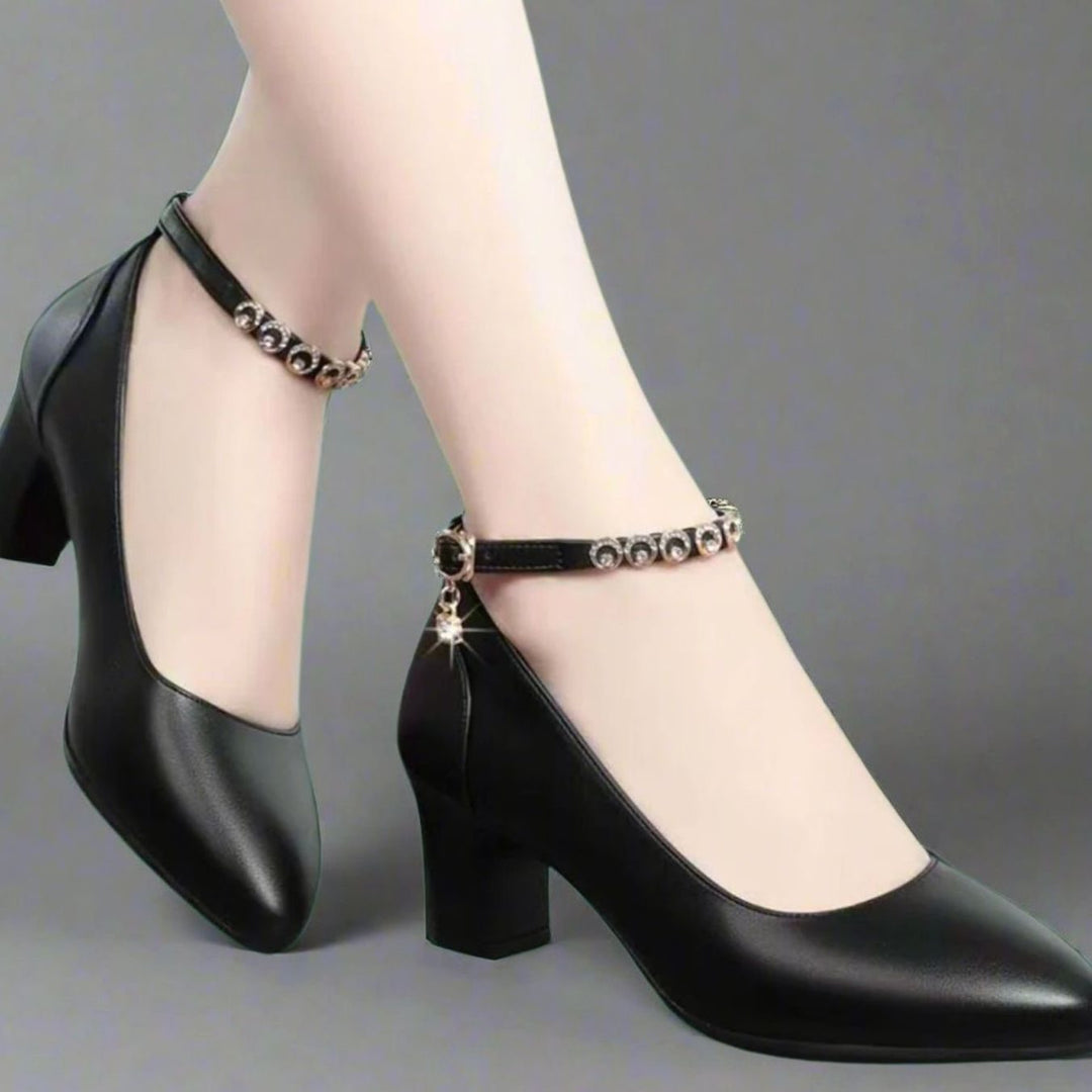 Women's Pointed-Toe Block-Heel Jewelled Ankle Strap Pumps