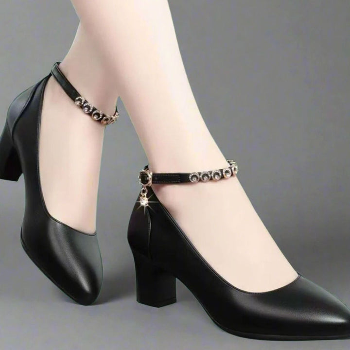 Women's Pointed-Toe Block-Heel Jewelled Ankle Strap Pumps