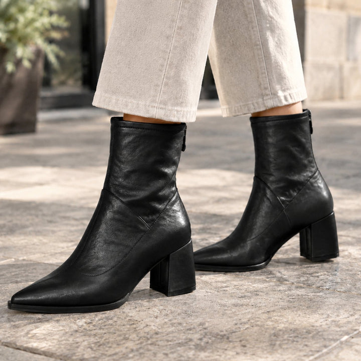 Women's Pointed-Toe Block-Heel Leather-Look Ankle Boots - Black