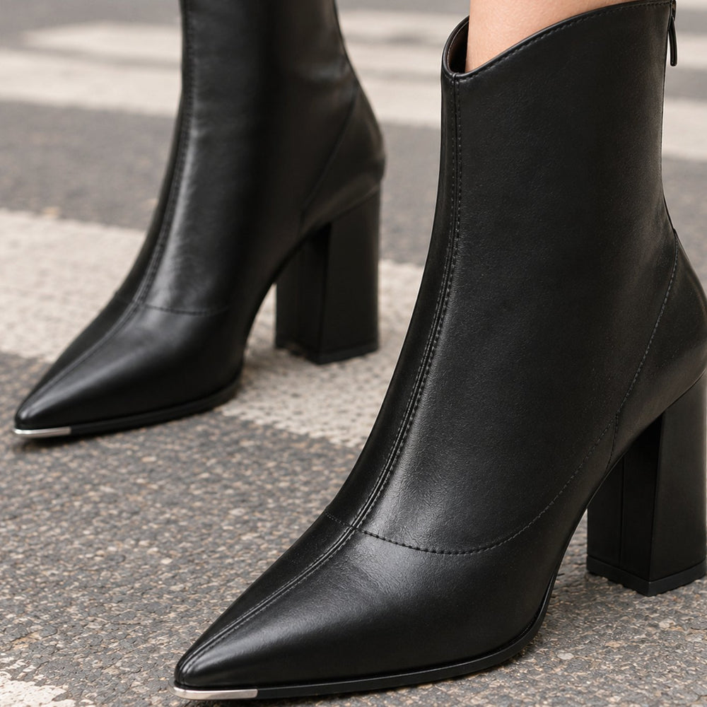 Women's Pointed-Toe Block-Heel Leather-Look Ankle Boots, Black