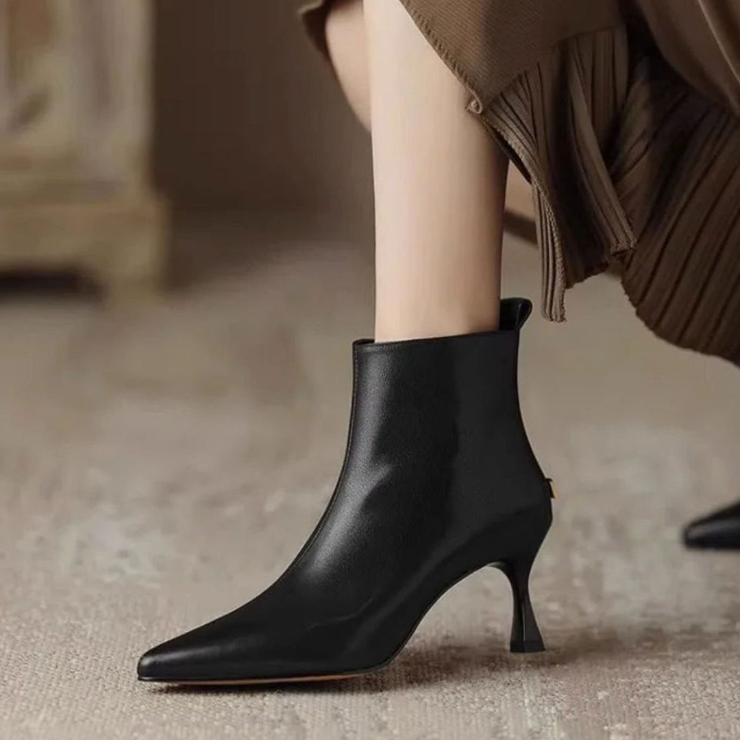 Women's Pointed-Toe Kitten Heel Faux Leather Ankle Boots - Black
