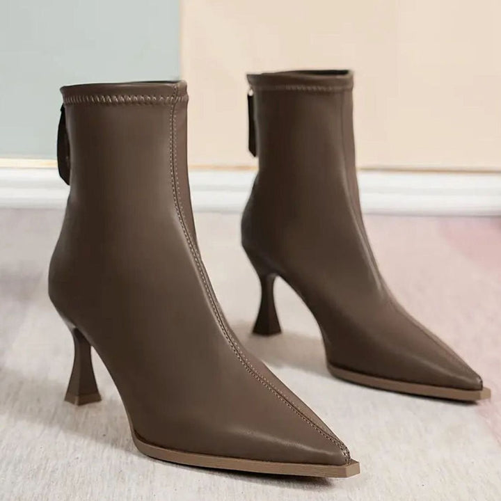 Women's Pointed-Toe Kitten Heel Faux Leather Ankle Boots - Brown