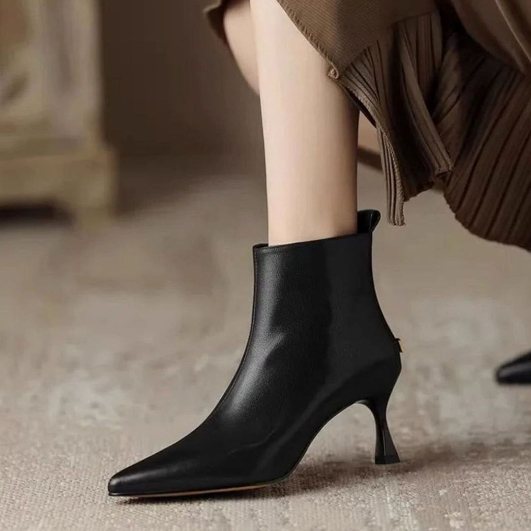 Women's Pointed-Toe Kitten Heel Zip-Up Faux Leather Ankle Boots - Black