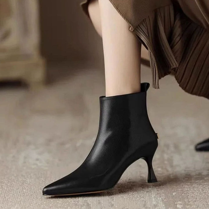 Women's Pointed-Toe Kitten Heel Zip-Up Faux Leather Ankle Boots - Black