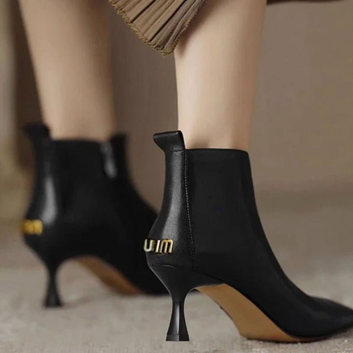 Women's Pointed-Toe Kitten Heel Zip-Up Faux Leather Ankle Boots