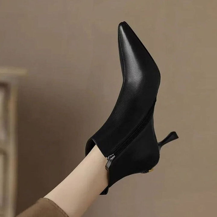 Women's Pointed-Toe Kitten Heel Zip-Up Faux Leather Ankle Boots