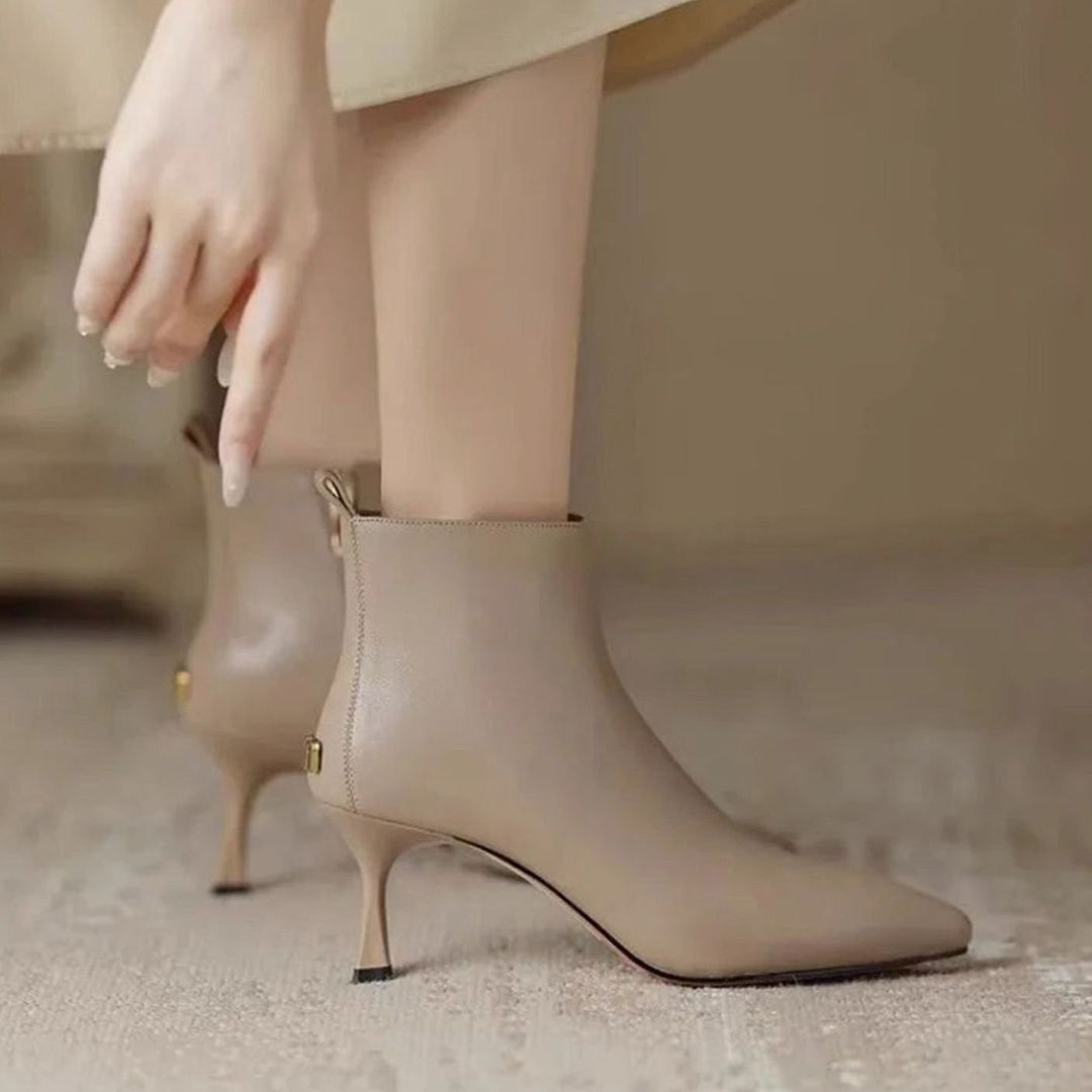 Women's Pointed-Toe Kitten Heel Zip-Up Faux Leather Ankle Boots