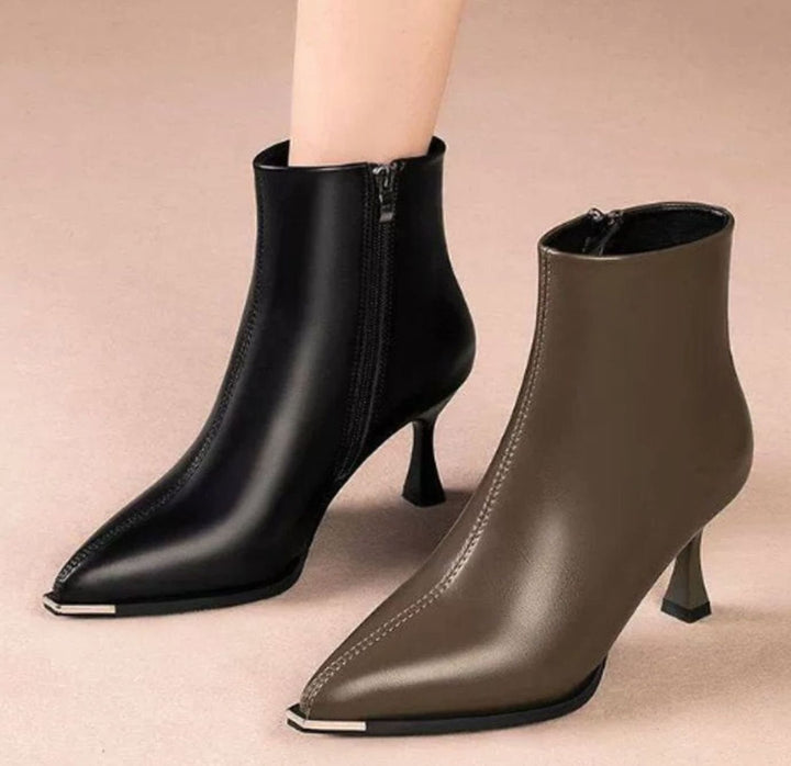 Women's Pointed-Toe Kitten Heel Zip-Up Faux Leather Ankle Boots