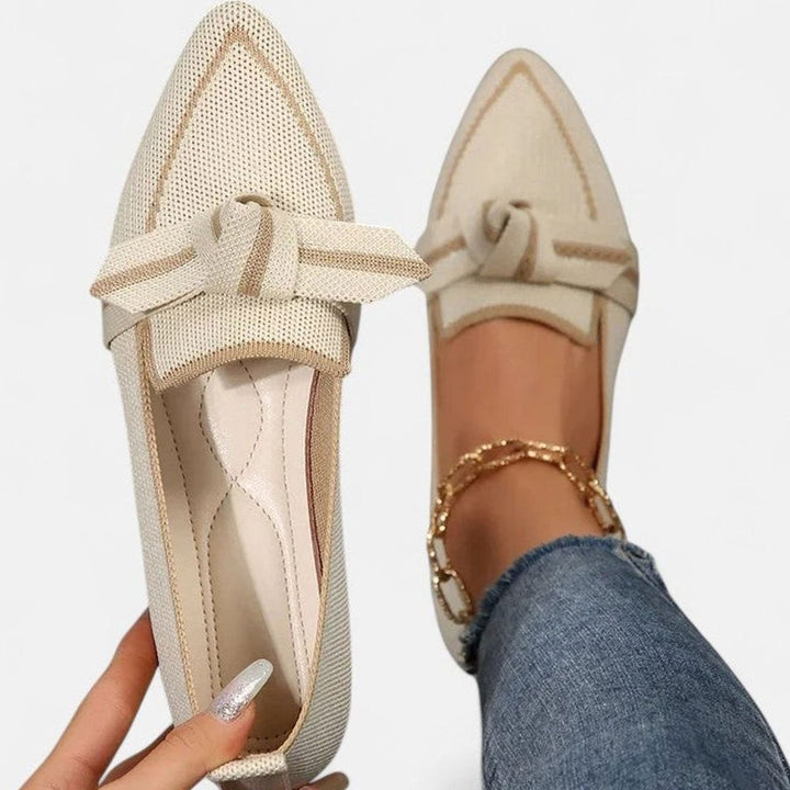 Women's Pointed-Toe Knit Bow-Detail Slip-On Flat Loafers - Beige