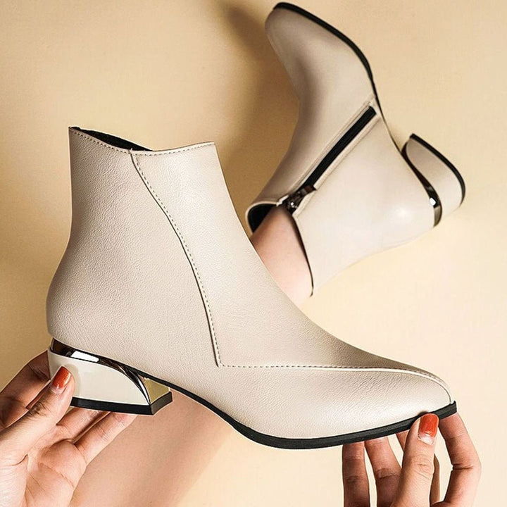 Women's Pointed-Toe Low-Heel Side-Zip Ankle Boots - Cream White