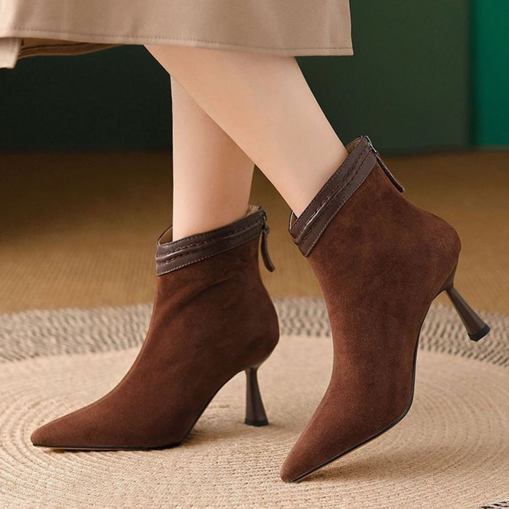 Women's Pointed-Toe Stiletto Heel Suede Ankle Boots - Brown