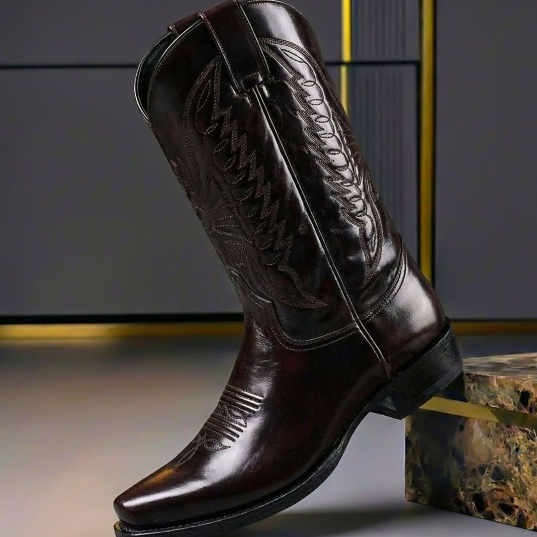 Women's Polished Leather Embroidered Western Cowboy Boots - Oak Brown
